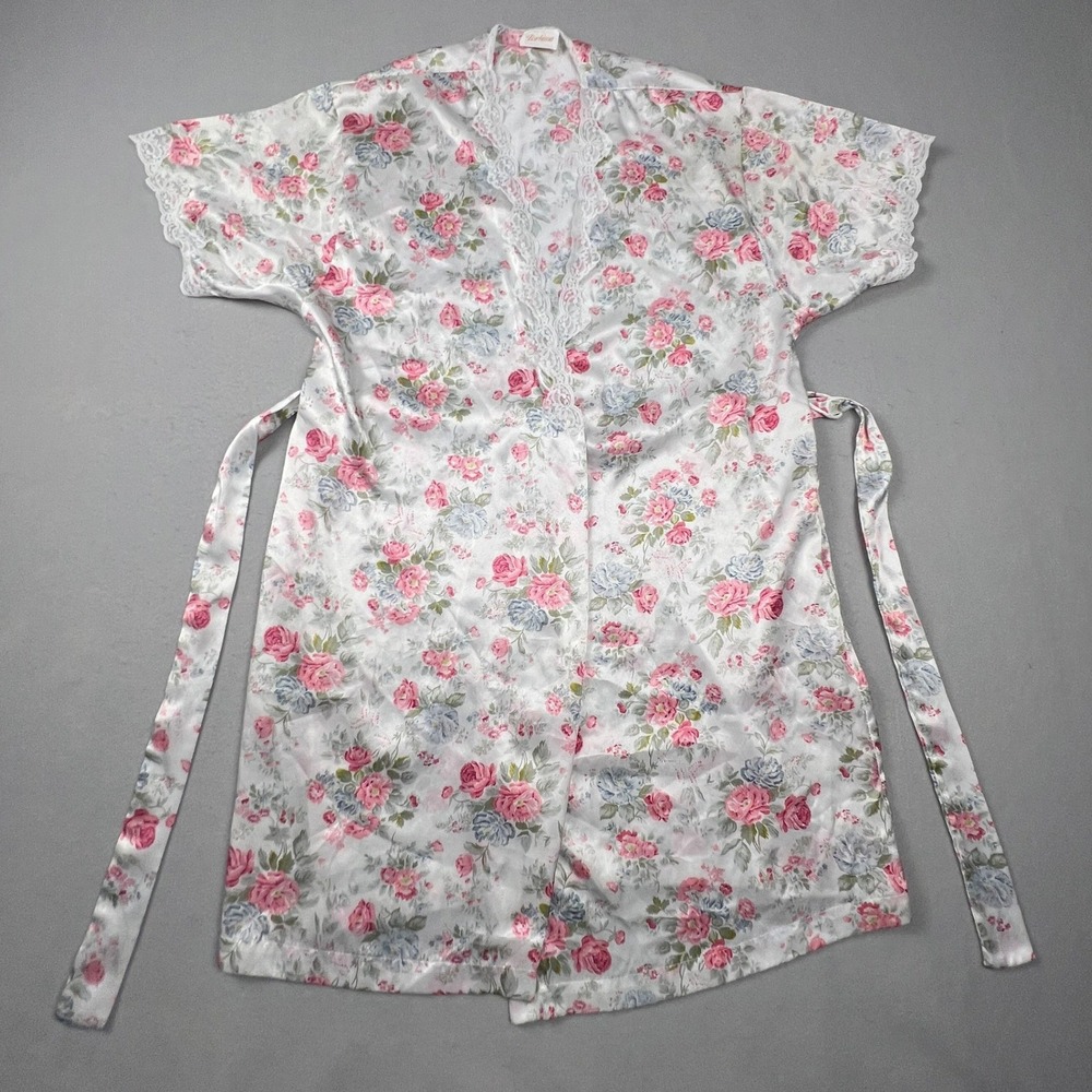 VTG Barbizon Floral Satin Robe L Pink‎ Lace Trim Sleepwear Loungewear Coquette